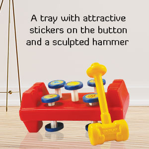 A tray with attractive stickers on the button and a sculpted hammer