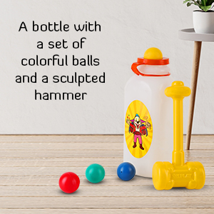 A bottle with a set of colorful balls and a sculpted hammer